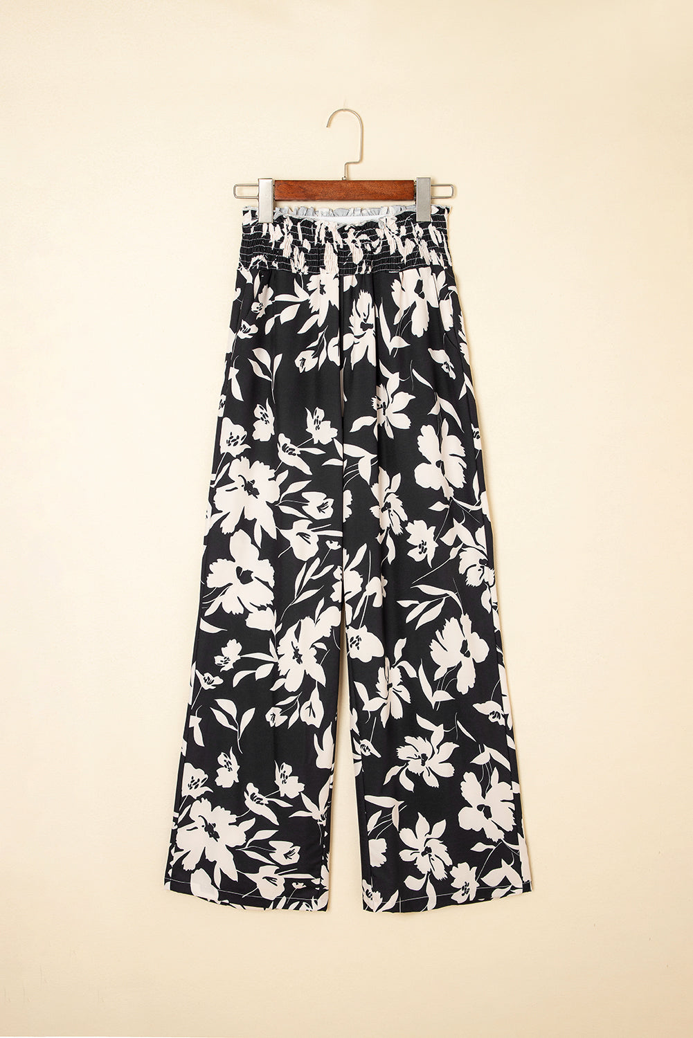 Black Floral Print Smocked High Waist Wide Leg Pants