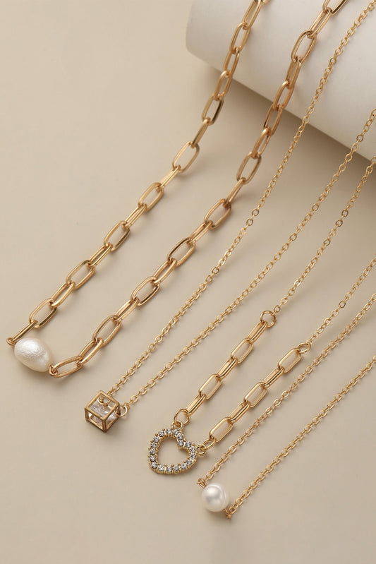 Gold 4pcs Pearl Cube Heart Pendant Plated Necklace Set