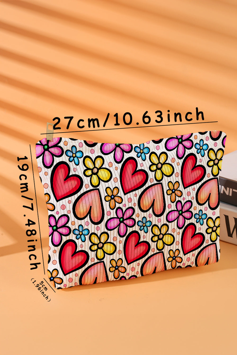 Fiery Red Heart Flower Print Corduroy Large Makeup Bag