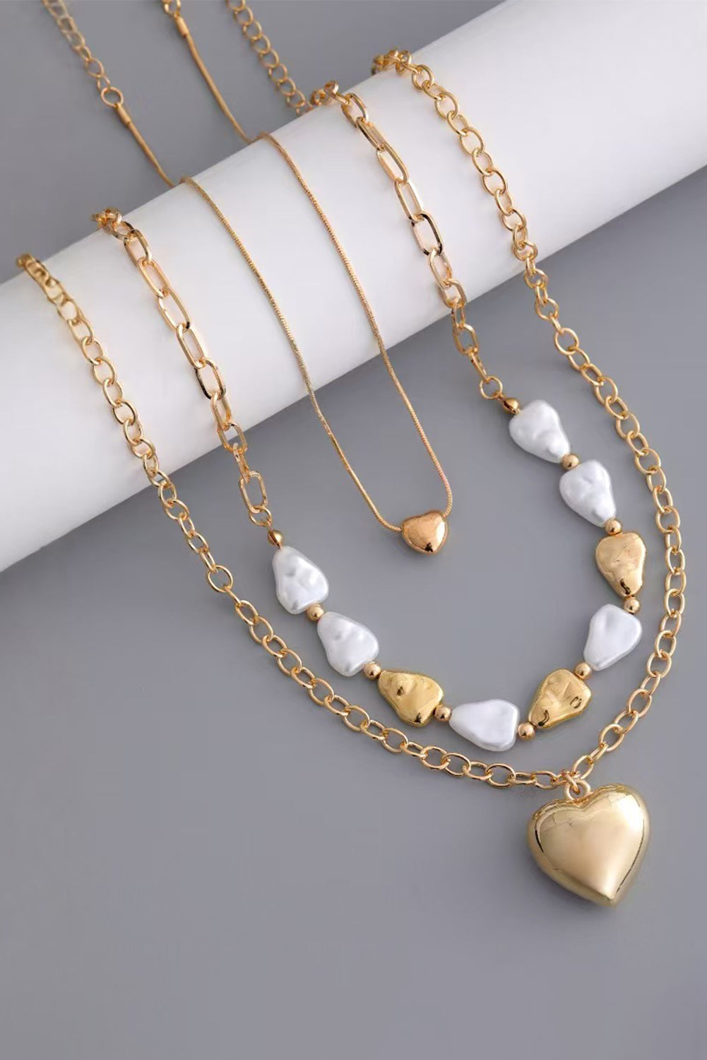 Gold Plated Layered Heart Pendant Irregular Pearl Layered Necklace