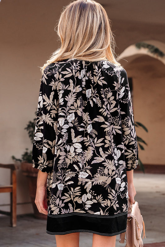 Black 3/4 Sleeve Botanical Print Split Neck Loose Mini Dress