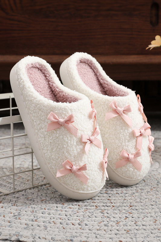 White Ribbed Bow Decor Plush House Slipper
