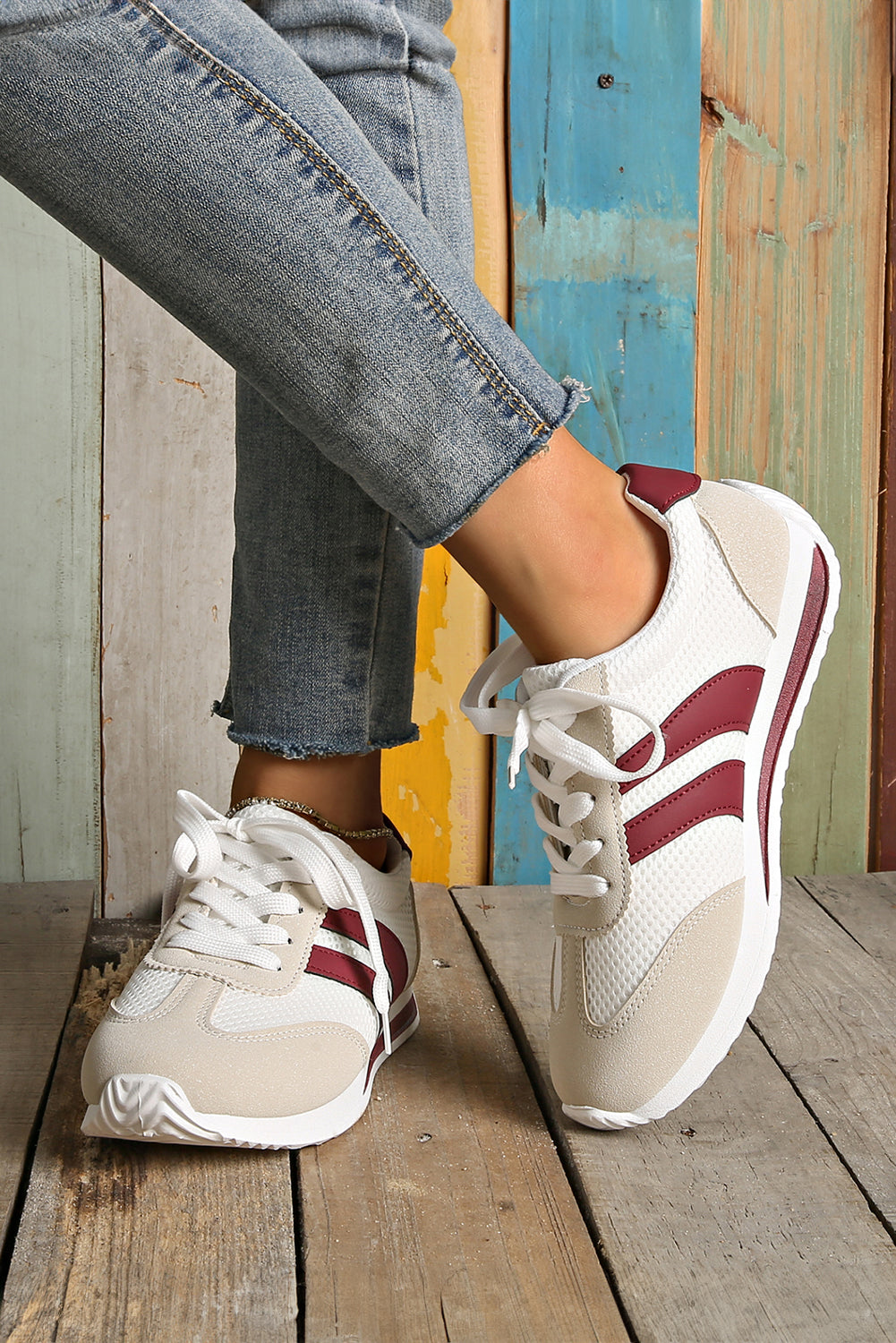 White Color Block Patchwork Breathable Lace-up Sneakers