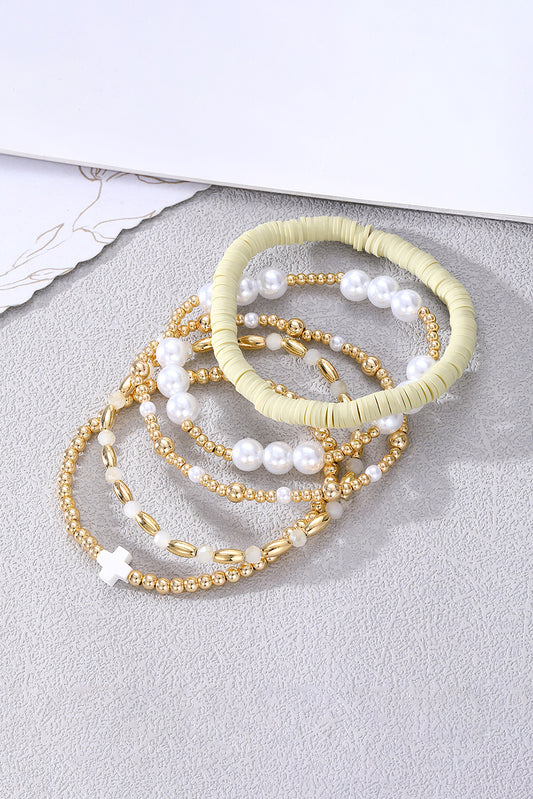 Gold Plated Beading Pearl Detail 5pcs Elastic Bracelet Set