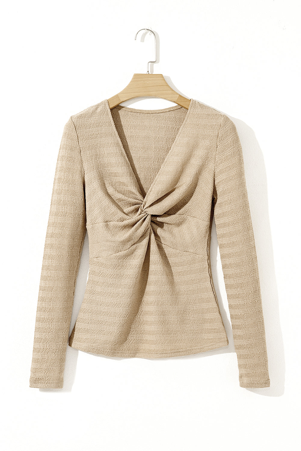 Pale Khaki Textured Twist Front V Neck Long Sleeve Slim Solid Color Top