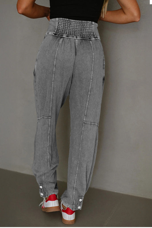 Medium Grey Mineral Wash Jogger Style High Waist Casual Pants