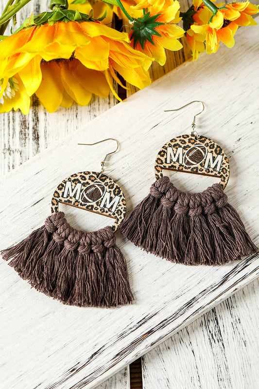 Chestnut Leopard Rugby Football MOM Print Fringed Hook Earrings