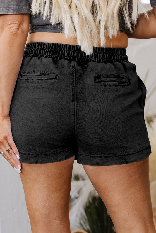 Black Drawstring Elastic Waistband Pocketed Denim Shorts