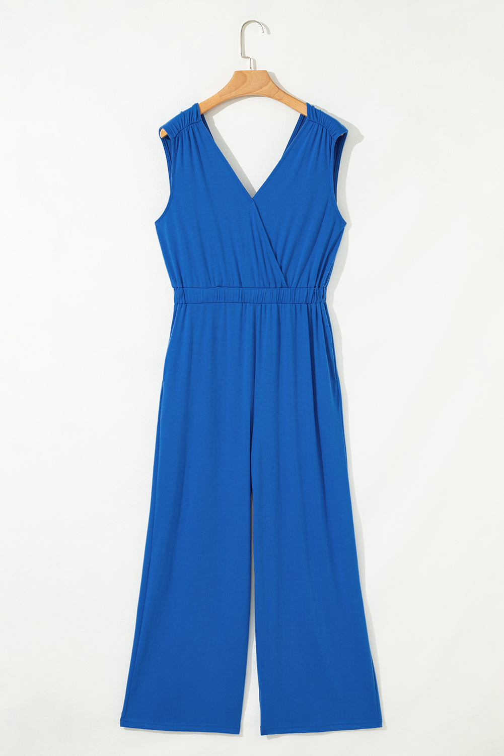 Sky Blue Deep V Pleated Crisscross Wide Leg Backless Jumpsuit