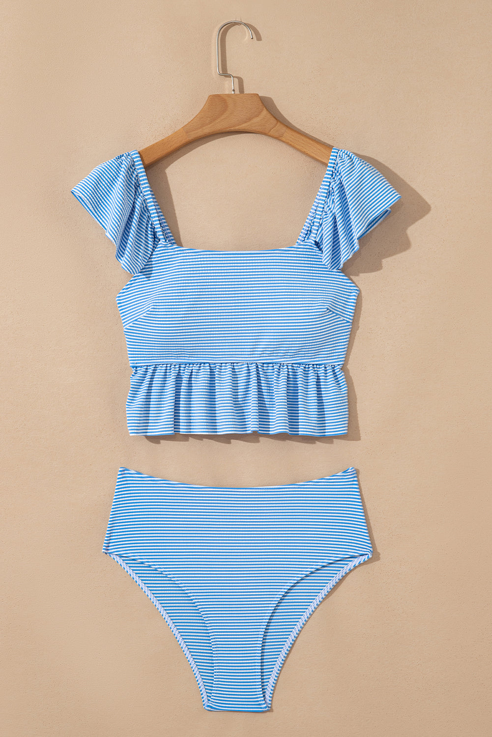 Sky Blue Striped Ruffled Shoulder Peplum Top 2 Piece Tankinis
