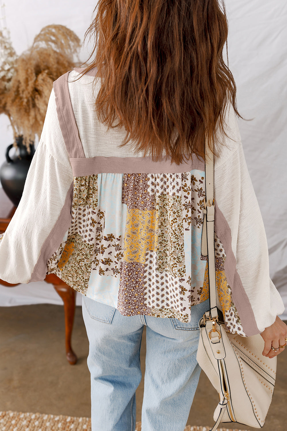 White Floral Printed Contrast Patchwork Long Sleeve Top