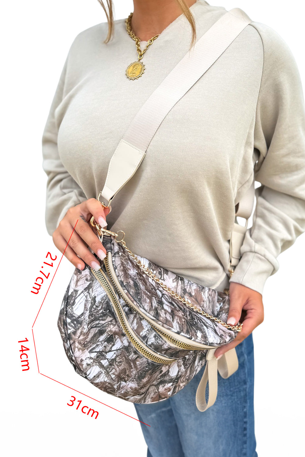 Medium Grey Camouflage Print Gold Chain Strap Double Zipper Crossbody Bag