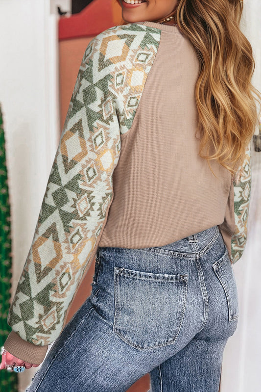 Smoke Gray Waffle Aztec Patchwork Raglan Sleeve Knit Top