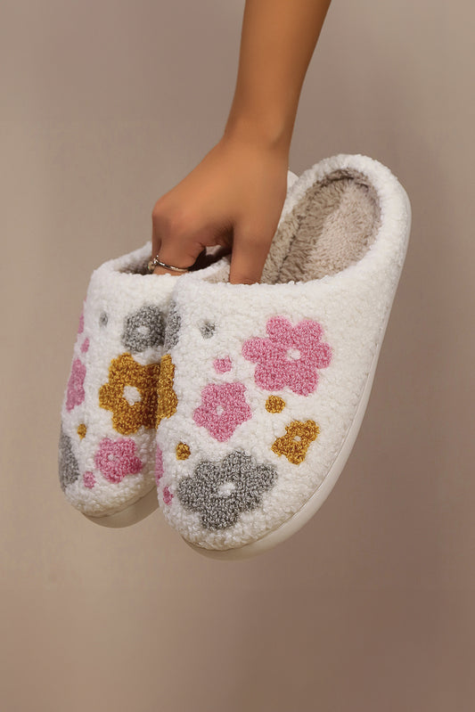 White Fuzzy Flower Pattern Winter House Slippers