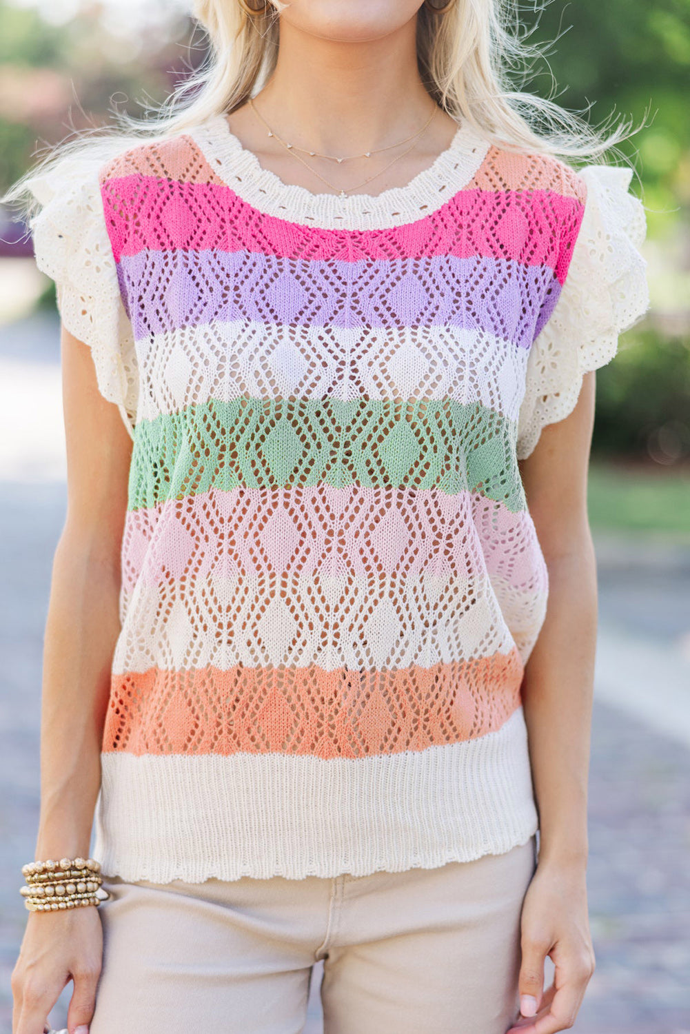 Rose Stripe Colorblock Hollowed Knit Scallop Edge Sweater Vest