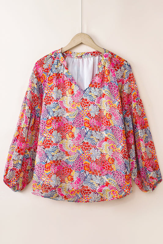 Fiery Red White Floral Print V Neck Long Puff Sleeve Top