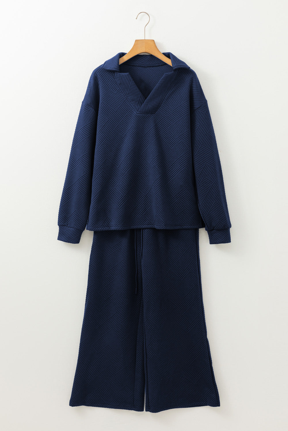 Sail Blue Solid Textured Collared V Neck Top and Wide Leg Pants Set