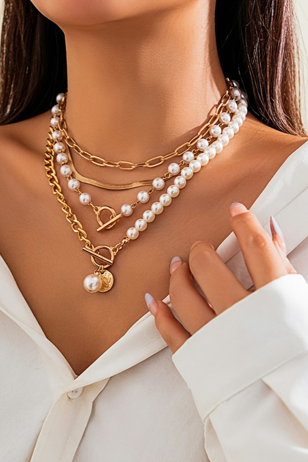 Gold Pearl Decor Plated Adjustable Chain Layered Necklace