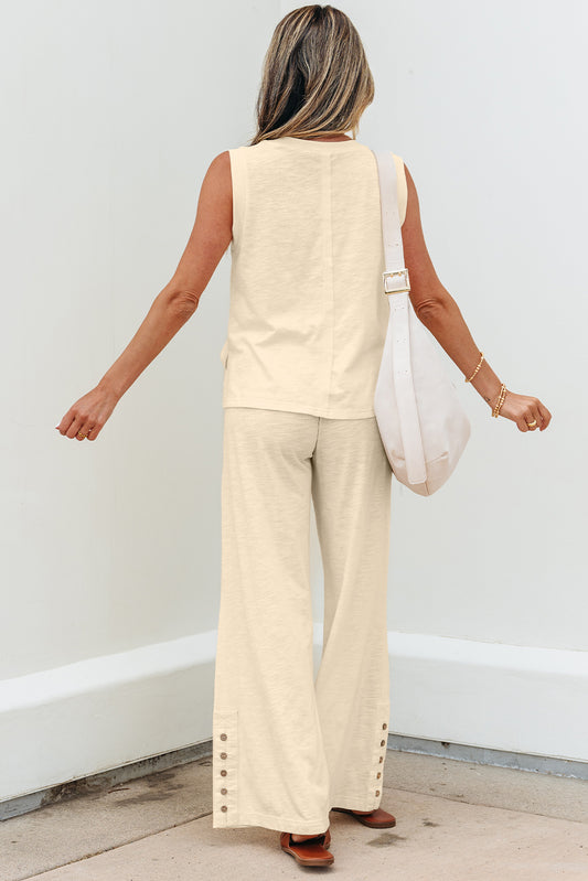 Beige Solid Color Tank Top and Smocked Waist Pants Set