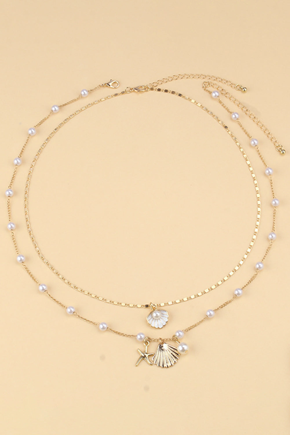 Gold Starfish Shell Pearl Dual Chain Necklace