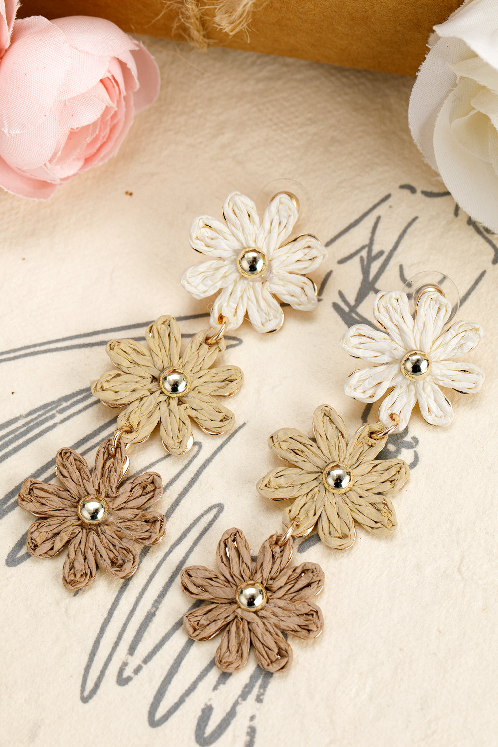 Parchment Crochet Flowers Stud Dangle Earrings