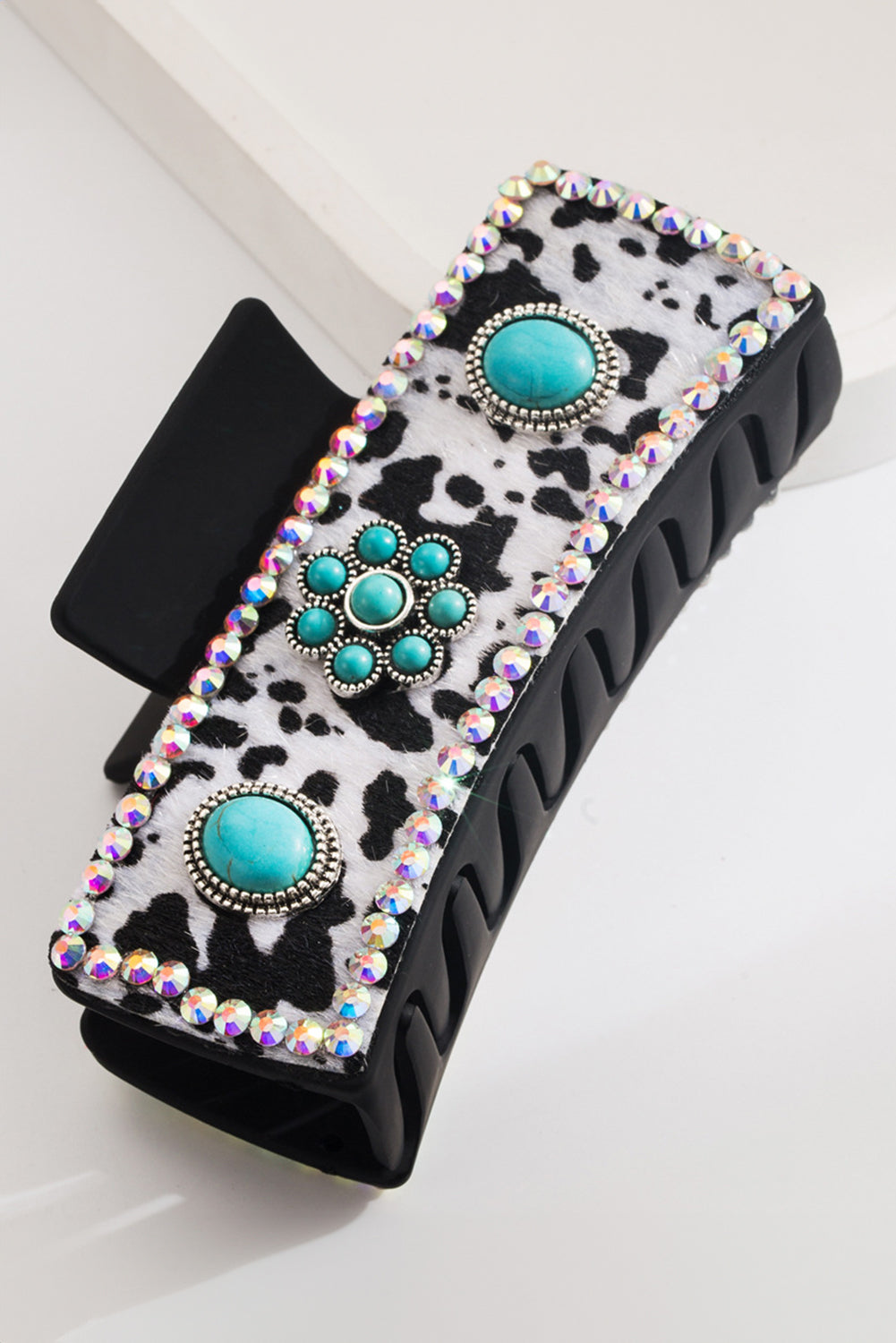 Black Western Cow Spots Faux Fur Patched Rhinestone Turquoise Detail Hair Claw Clip