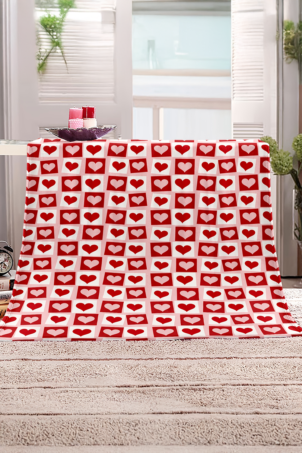 Fiery Red Heart Checkered Print Soft Large Blanket