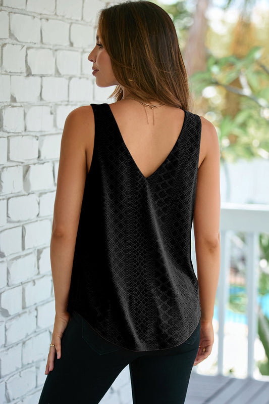 Black Eyelet Knit Patterned Loose V Neck Tank Top
