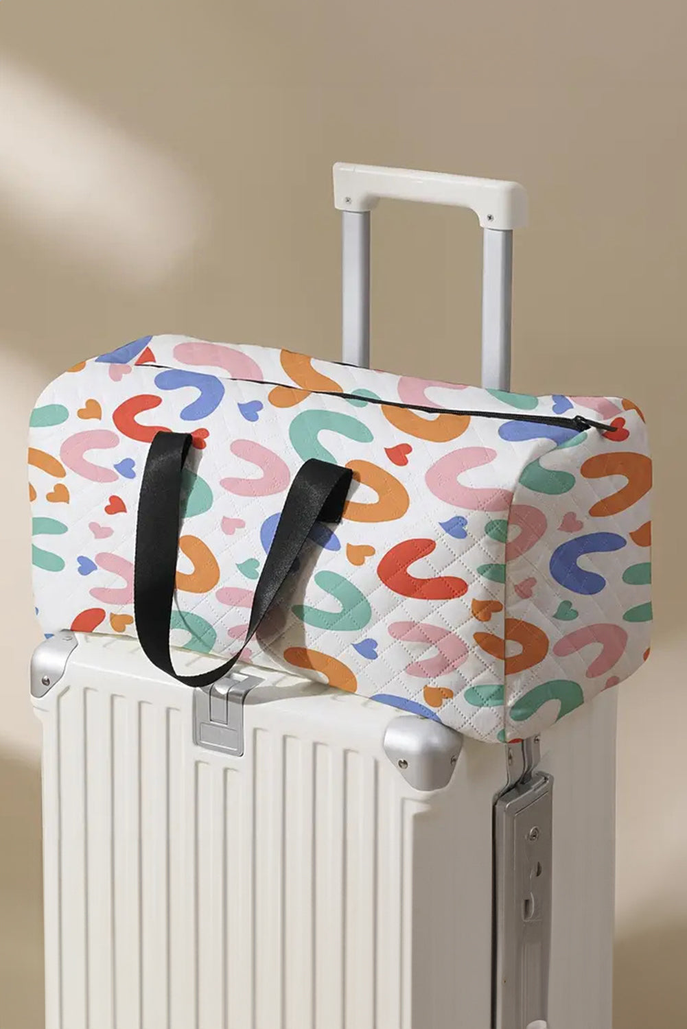 White Heart Shape Print Quilted Zipper Large Duffel Bag
