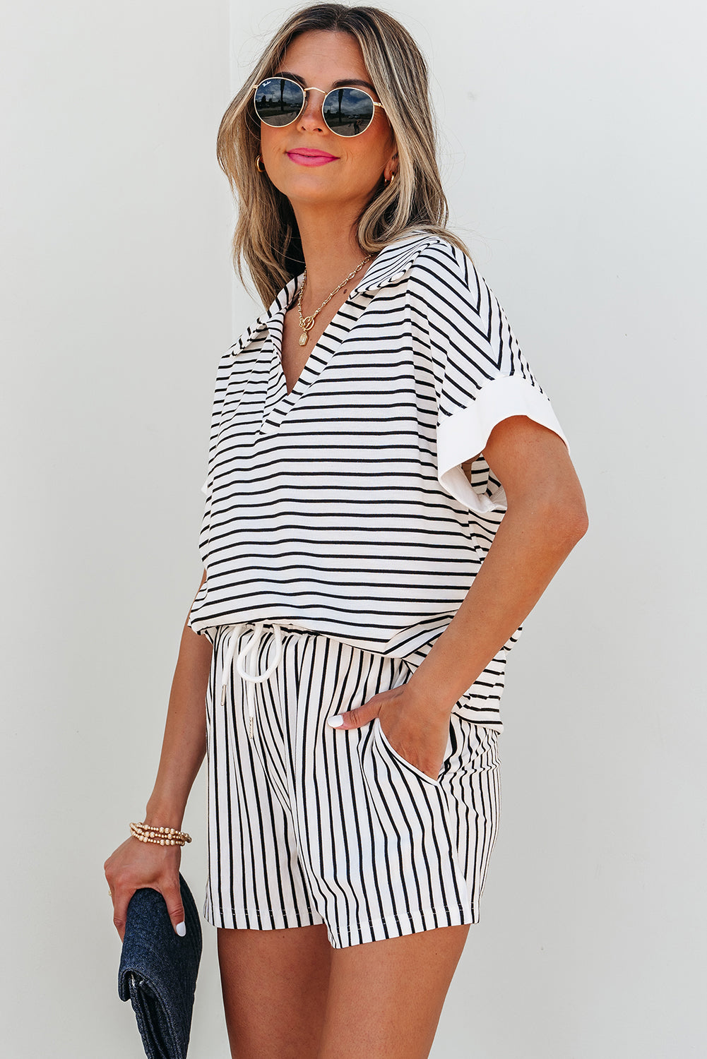 Black Stripe V Neck Tee and Casual Short Set