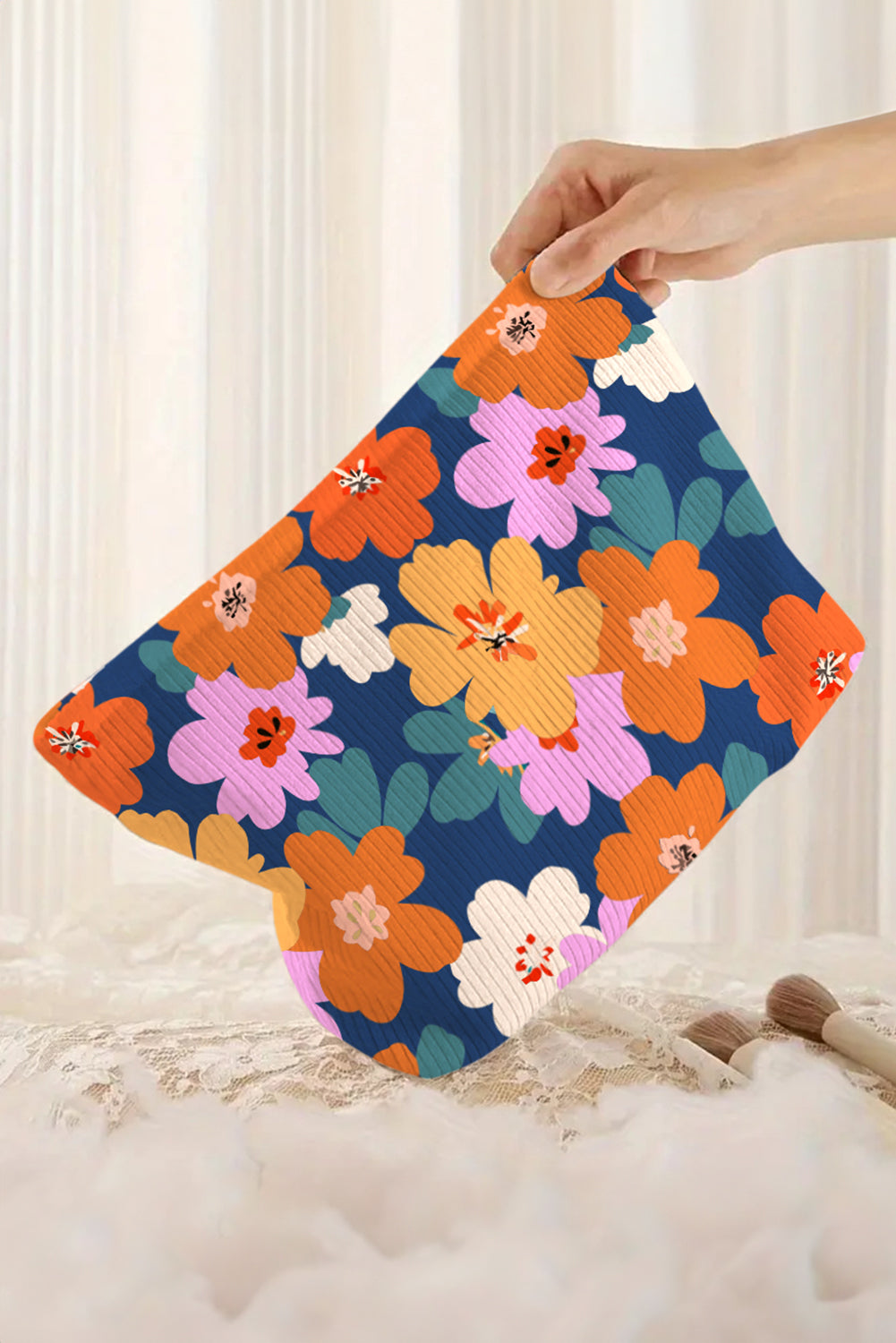 Ashleigh Blue Flower Print Zipper Corduroy Large Cosmetic Bag