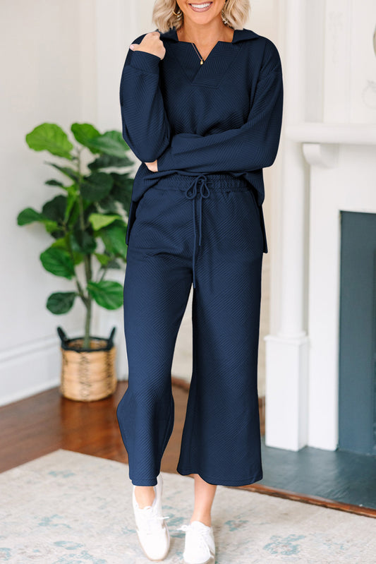 Sail Blue Solid Textured Collared V Neck Top and Wide Leg Pants Set