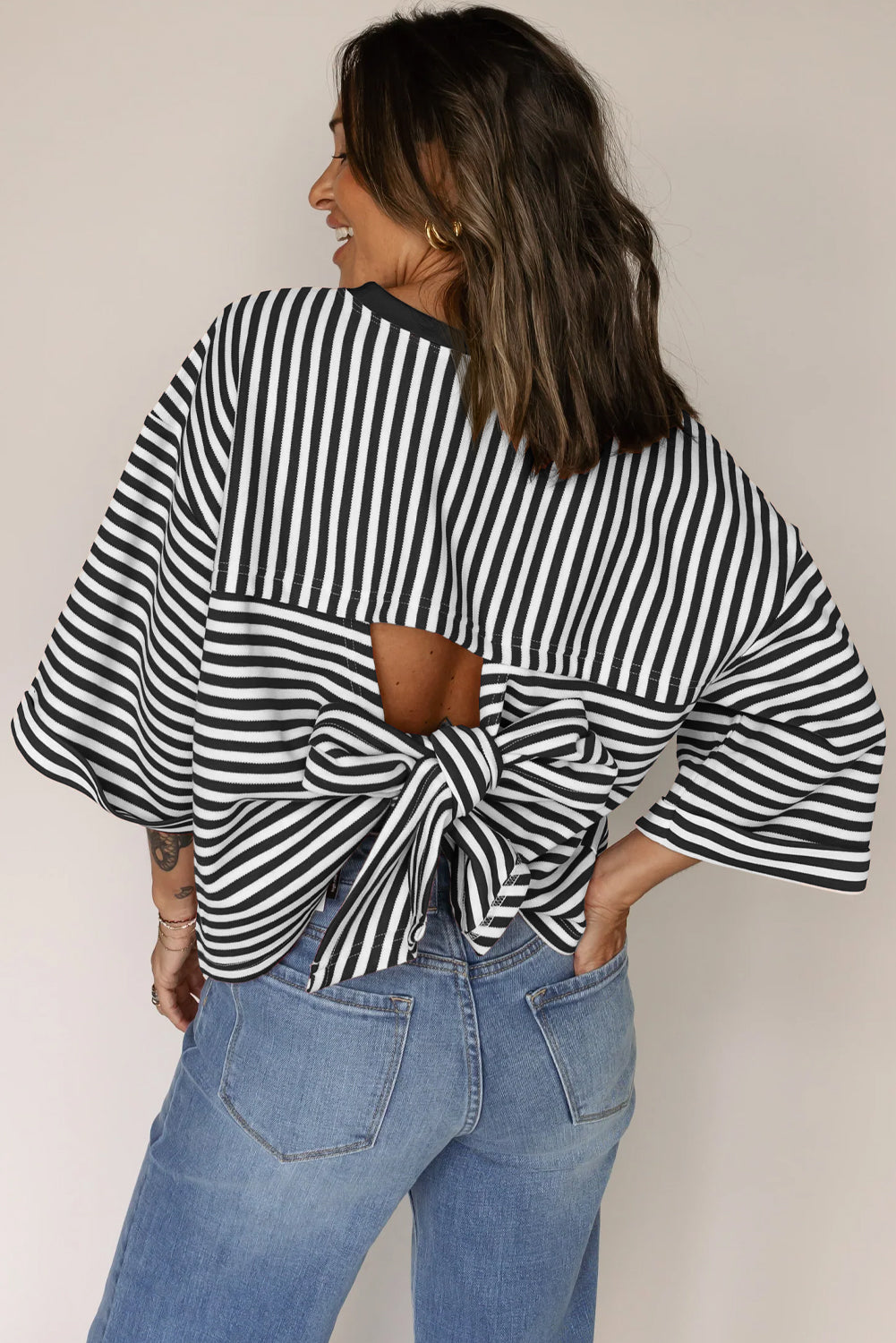 Black Stripe Bowknot Cutout Back Drop Shoulder Wide Bracelet Sleeve Loose Tee