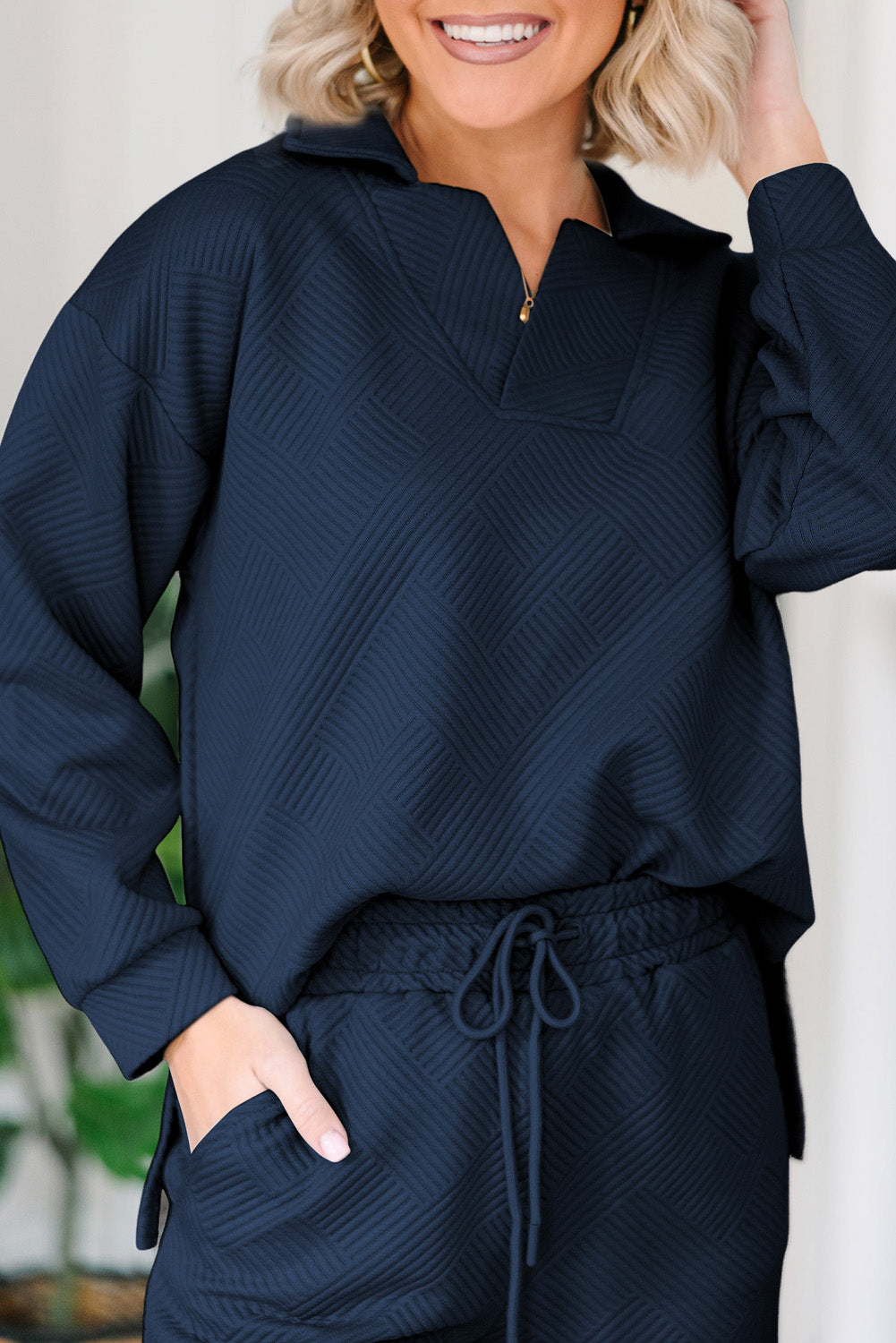 Sail Blue Solid Textured Collared V Neck Top and Wide Leg Pants Set