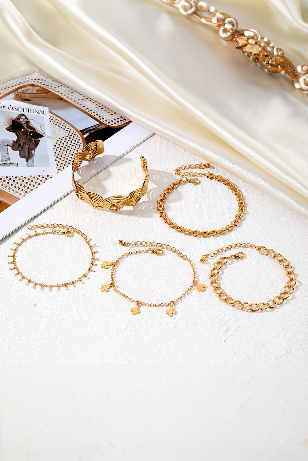 Gold Clover Charm Multi Layered Plated Adjustable Bracelet Set