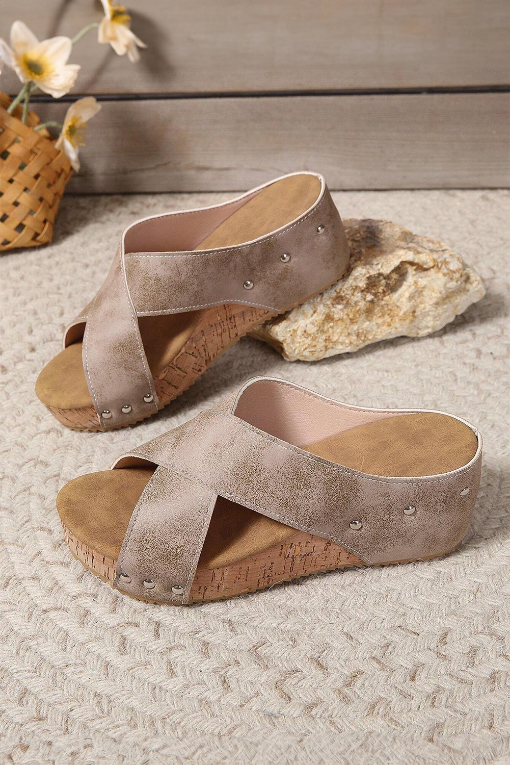 Gray Criss Cross Cut Out PU Leather Wedge Slippers