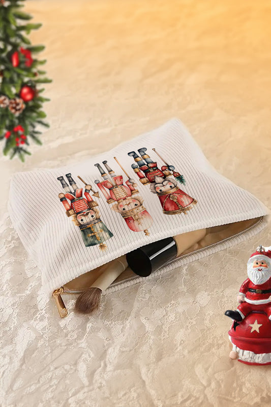 White Christmas Fashion Print Corduroy Zip Up Cosmetic Bag