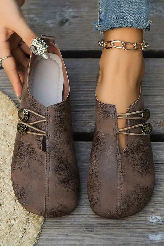 Coffee JEANS Button Detail Boho Vintage Faux Leather Loafer Shoes