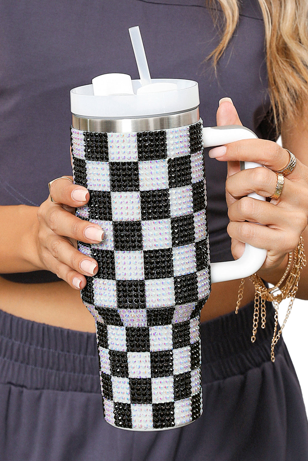 Black Full Rhinestone Checkerboard Handled Tumbler 40oz
