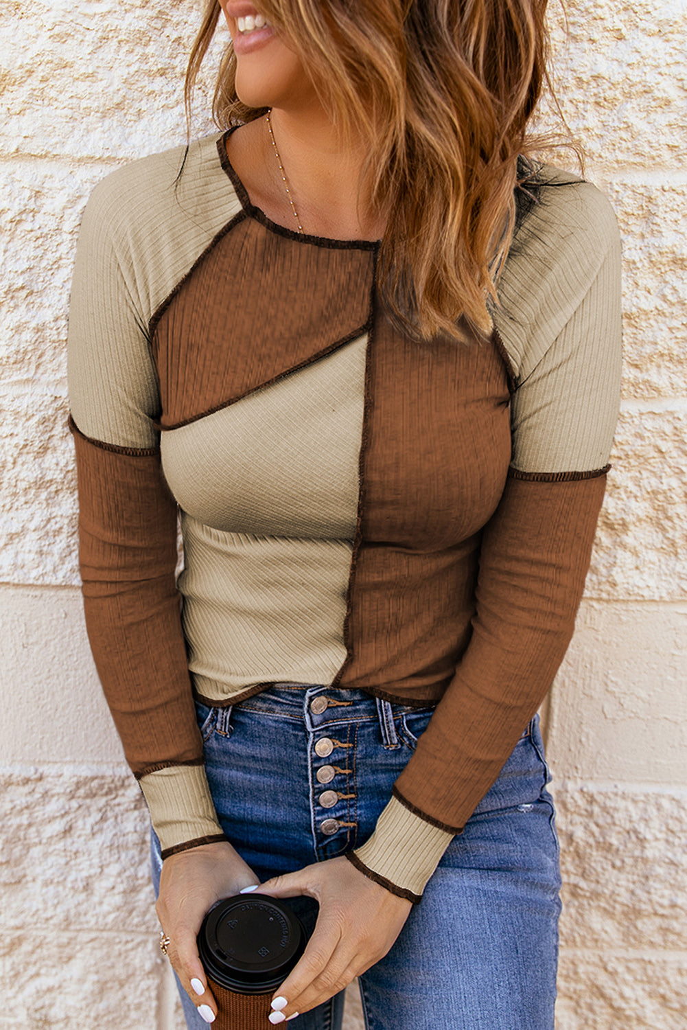 Brown Irregular Color Block Seaming Trim Rib Knit Top