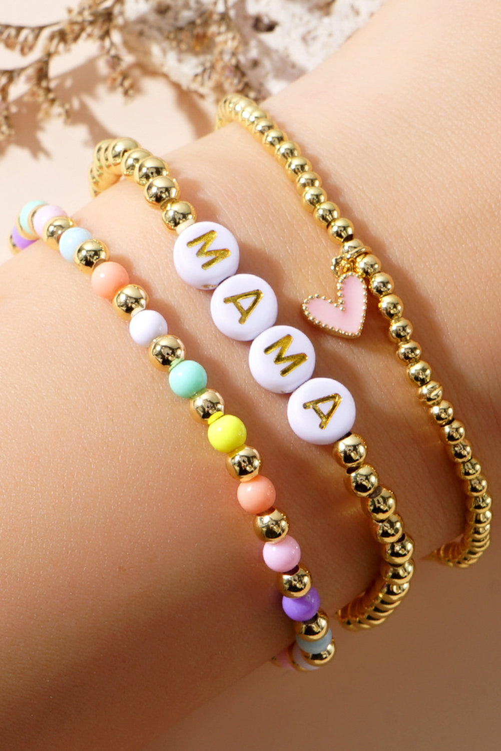 Gold MAMA Heart Beaded Multi Layer Stretch Bracelet