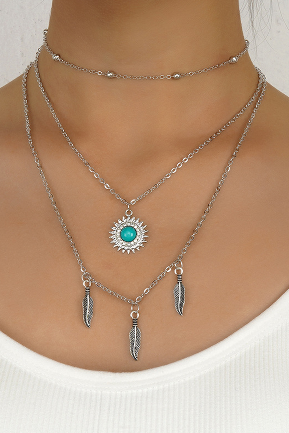 Silvery Boho Turquoise Sun Leaves Multi Layered Necklace