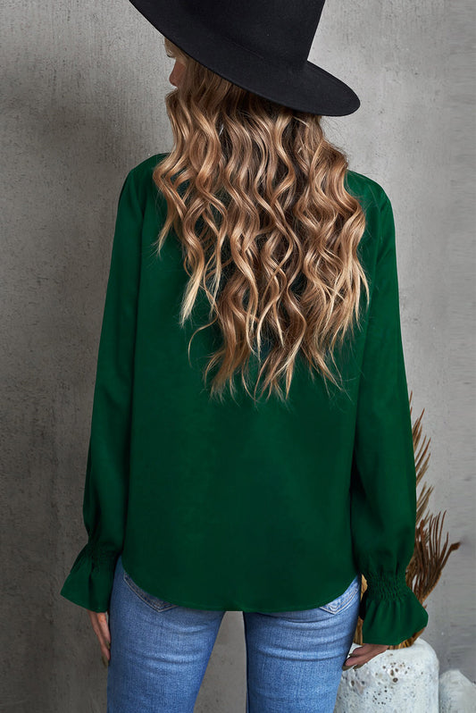 Green Crew Neck Ruffle Bubble Sleeve Top