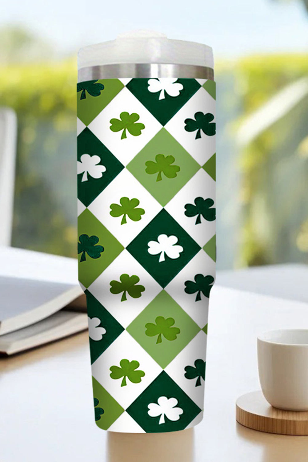 Green Clover Checkered Print Straw Large Tumbler without Handle 40oz