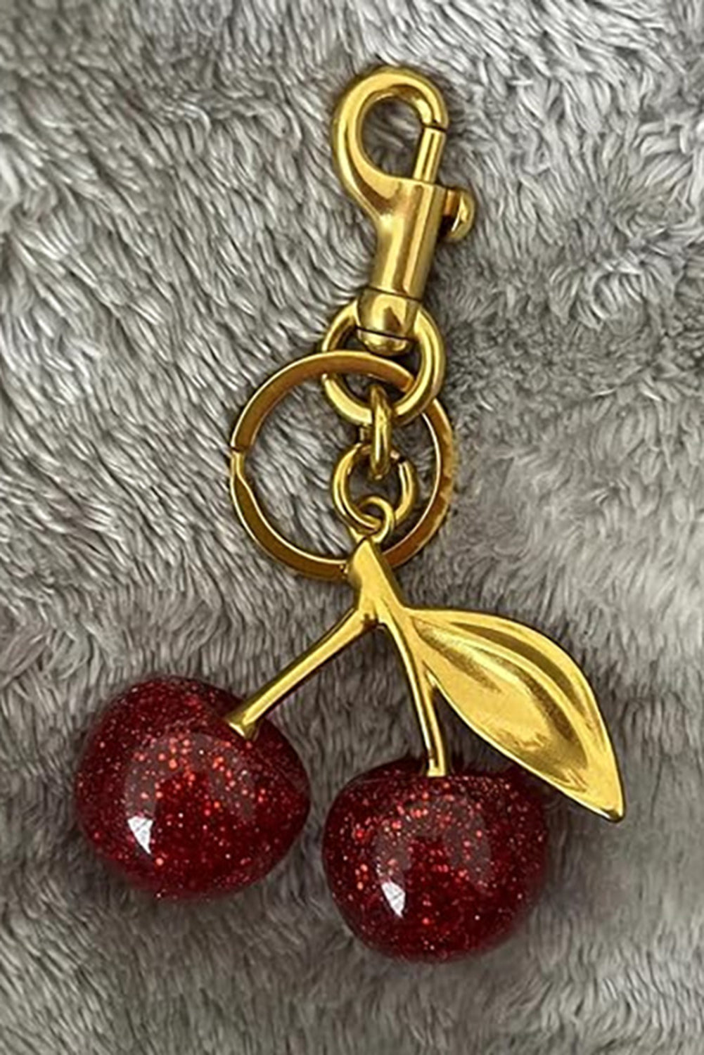 Gold Glitter Cherry Shape Plated Alloy Keychain