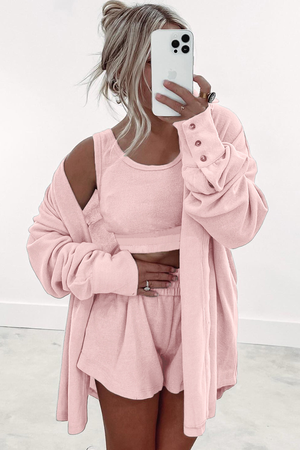 Light Pink 3 Pcs Crop Tank Top Shorts with Cardigan Lounge Set