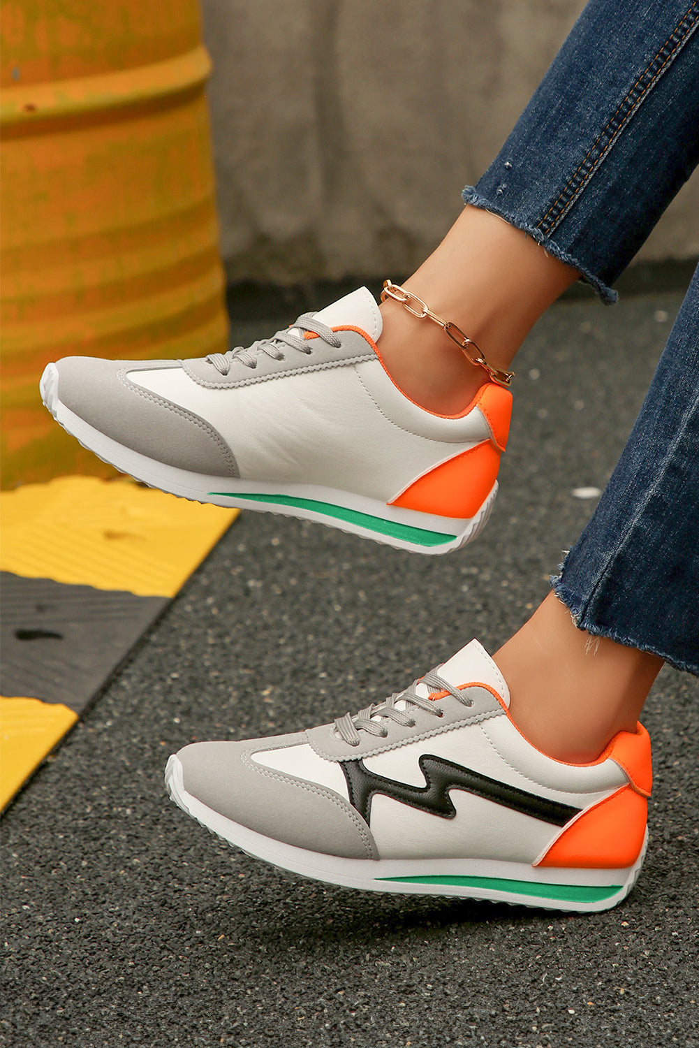 White PU Leather Color Block Patchwork Lace Up Sneakers