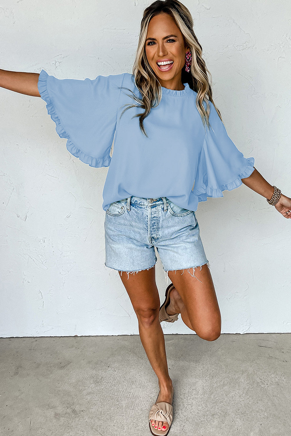 Myosotis Frilly Round Neck Wide Half Sleeve Blouse