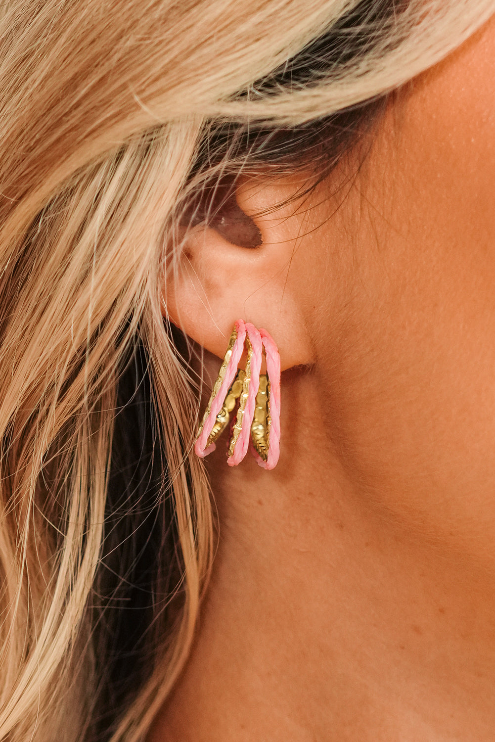 Pink Rattan Detail Gold Plated Alloy Earrings