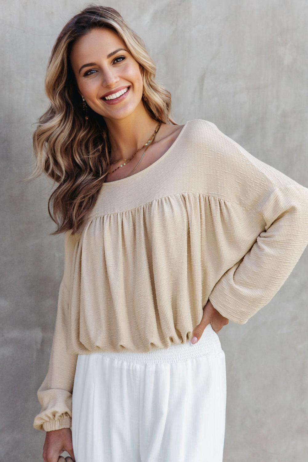 Jet Stream Textured Pleated Drop Shoulder Long Sleeve Knit Top